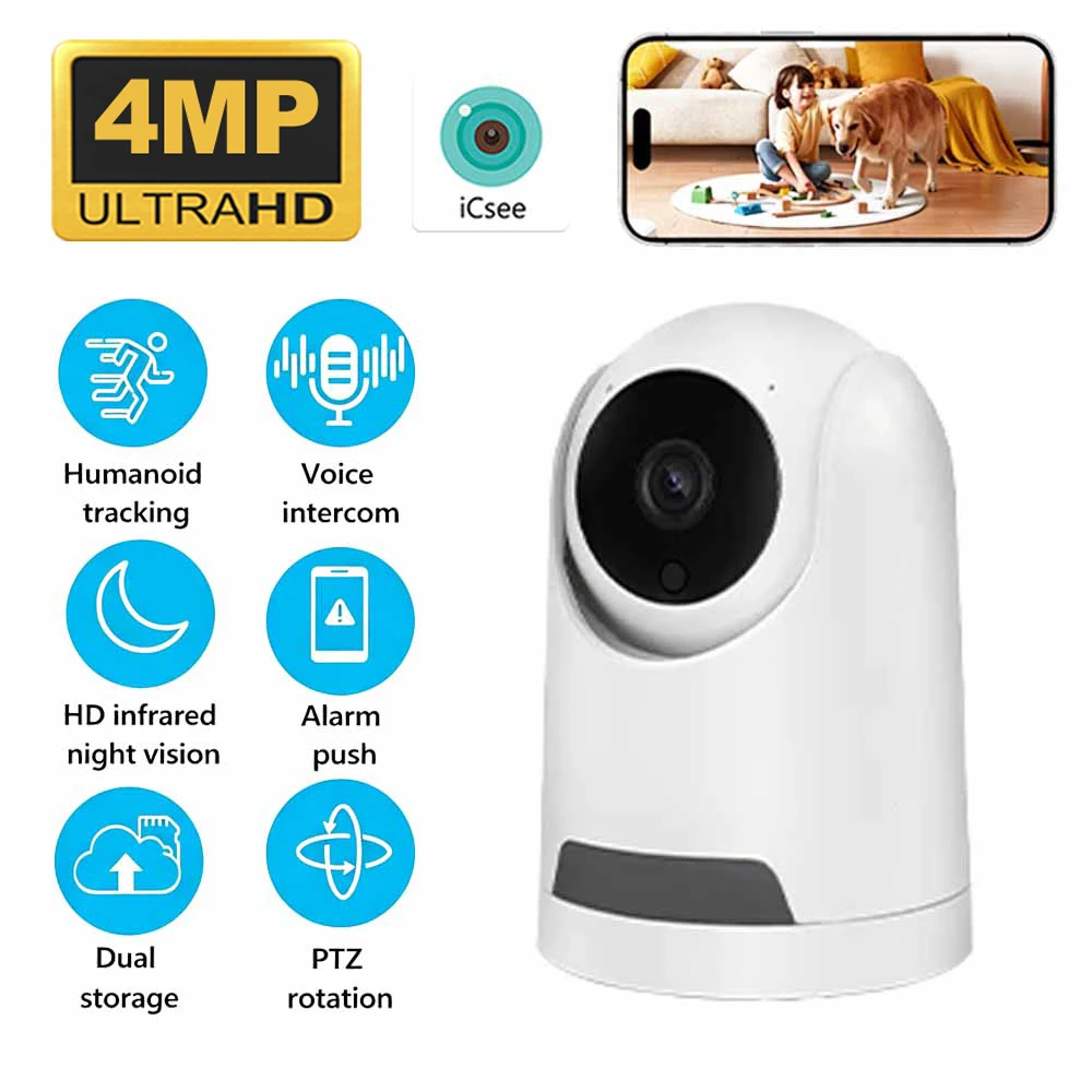 4MP PTZ Baby & Pet Monitor WiFi 355° Indoor Security Camera with Two-Way Voice Intercom, CCTV Surveillance for Home ICSEE