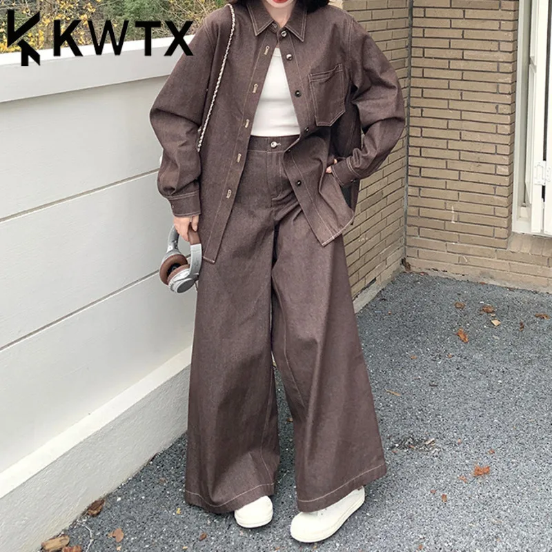 

KWTX 2025 Новый коричневый джинсовый комплект из двух предметов с высокой талией, широкие брюки, модный повседневный наряд с завязкой на талии, весна-лето
