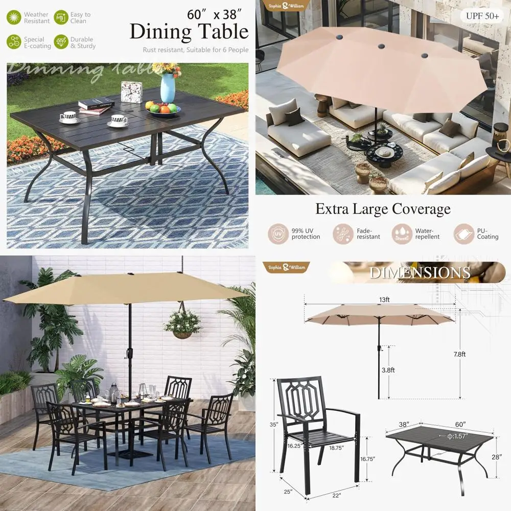 

8-местный металлический обеденный набор для улицы с 6 стульями и большим бежевым зонтом