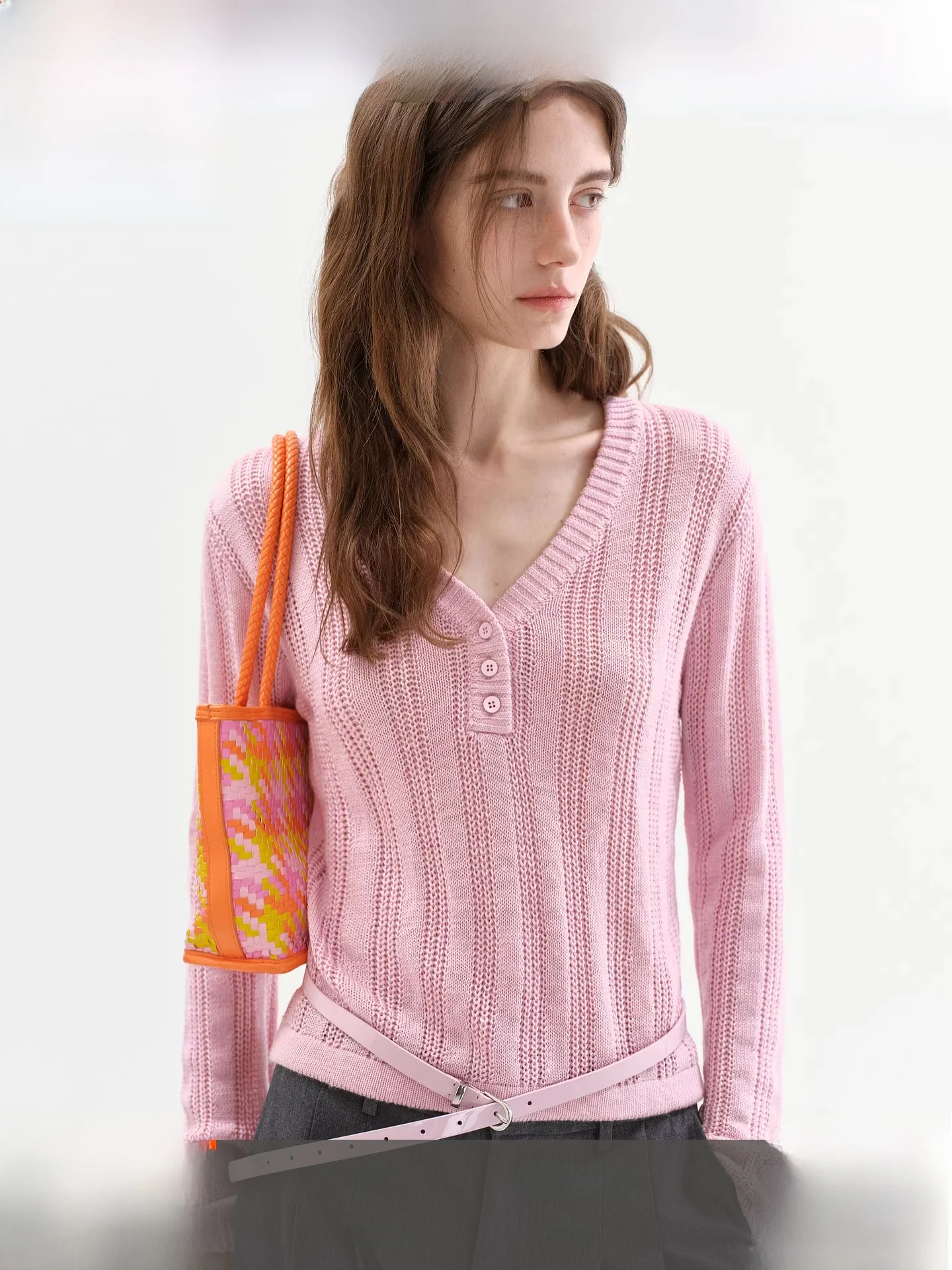 

Fano Spring Early Sweet Cool aron Breathable Texture V-ne f Open Knitwear Top Women's Faion Korean Sle Slim Fit