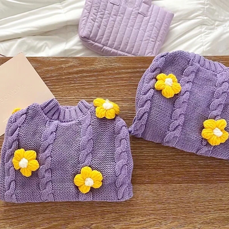 Ropa cálida de flores para perros, suéteres morados a la moda para mascotas, tejidos de peluche más suaves que los osos, otoño