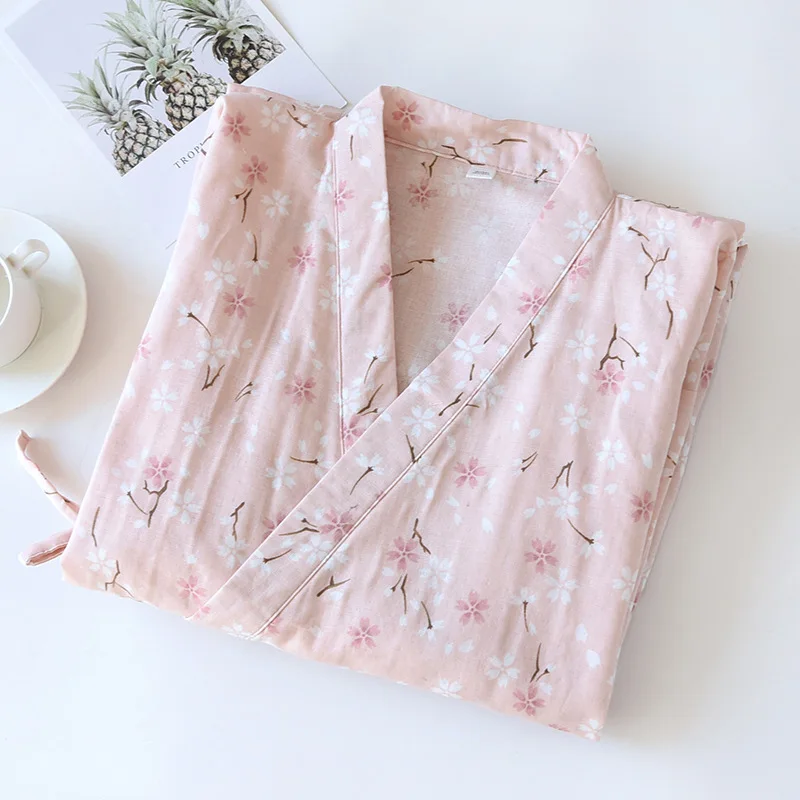 Women Dressing Gown Cotton Kimono Pajama Woman Robe Three Quarter Home Wear Gauze Print Dressing Gown Bathrob Sexi Sleepwear