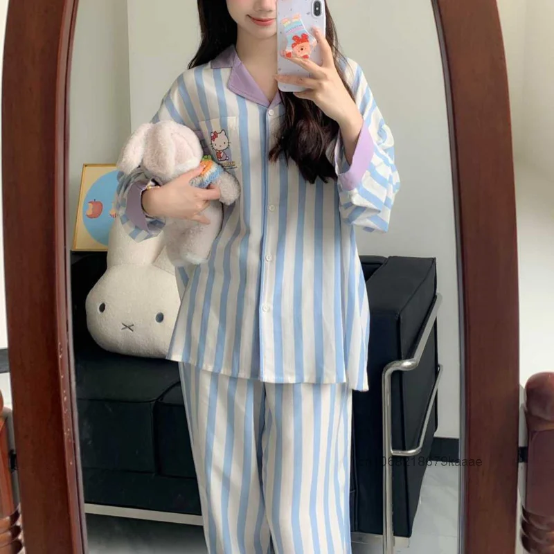 Sanrio Hello Kitty Cute Sweet Y2k Girl Striped Sleepwear Women Spring Autumn New Loose Pajamas Korean Style Trend Home Suit Set