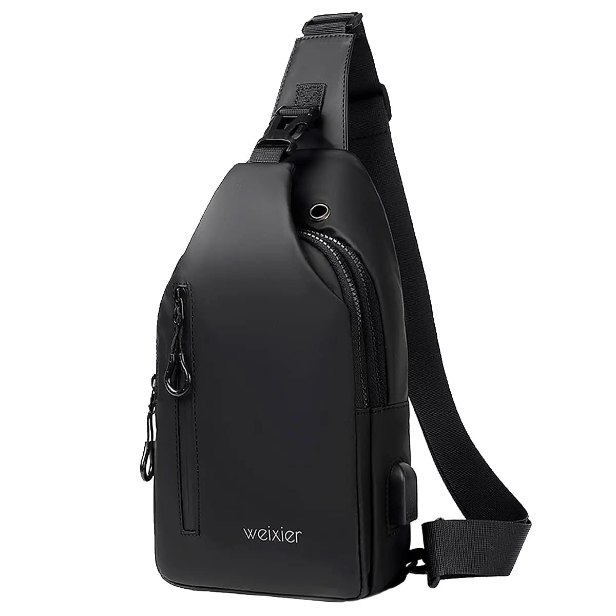 Mochila cruzada de hombro impermeable para hombre con puerto de carga USB y auriculares, bolsa ligera para exteriores