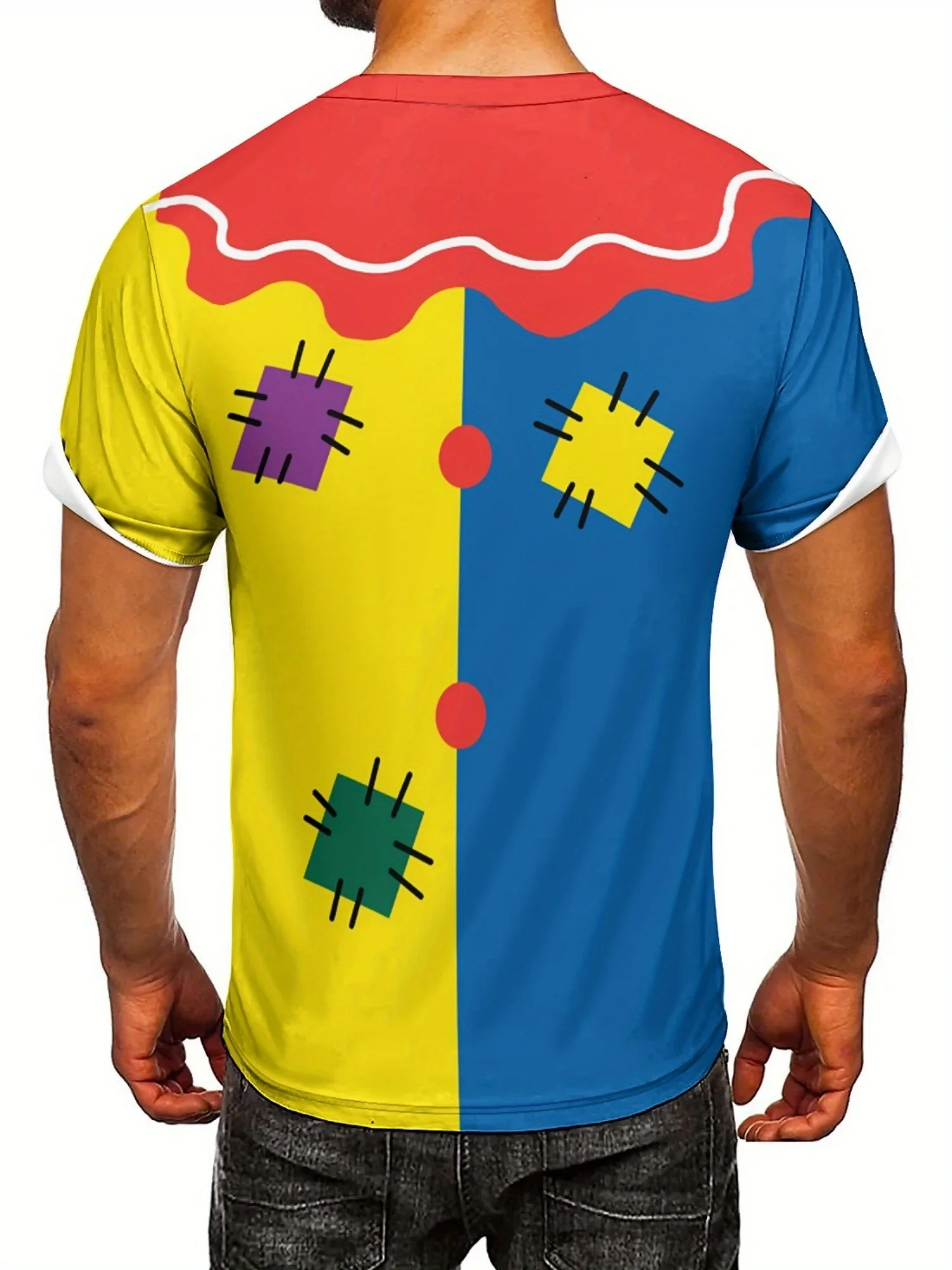 This 3D Print T-Shirt Features a Creative Clown Design with a Colorful Pattern, Complete with a Fake Bow Tie
