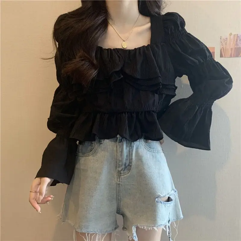 Gentle and Elegant Long Sleeves Shirt for Women\'s Spring Autumn Korean Version Square Neck Ruffled Edges Flared Sleeves Top