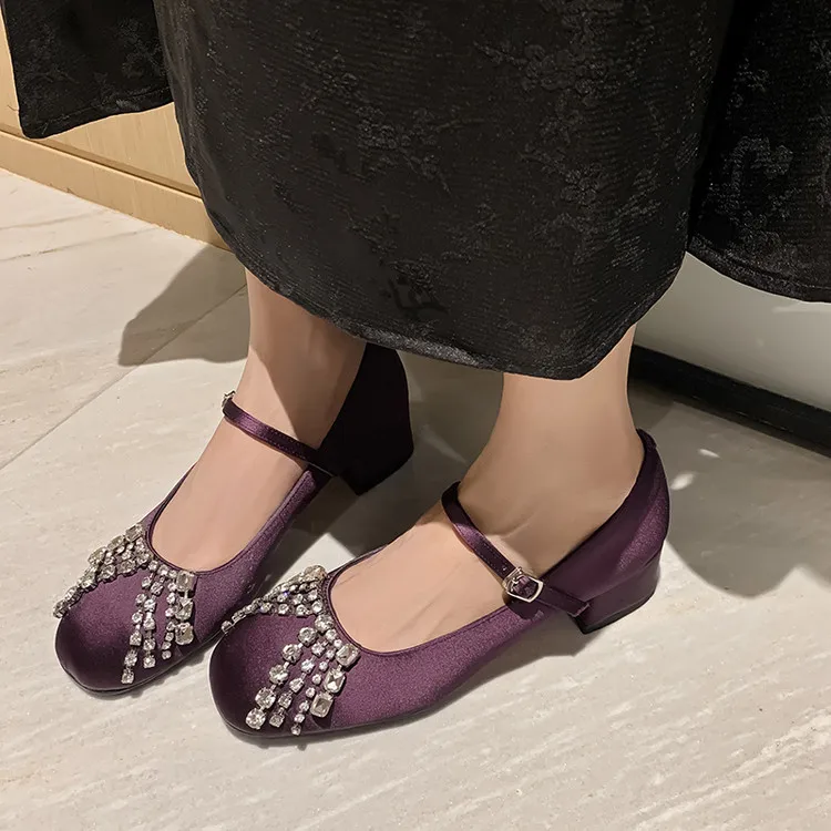 

Black Satin Shallow Women Spring Prom Party Shoes Purple Thin Strap Mary Jeans Square Toe Crystal Decor 4cm Chunky Heels Pumps