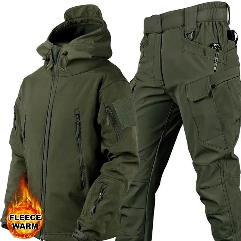 Autumn Winter New Tracksuits Set Men Army Tactical Waterproof Jackets Fishing Hiking Camping Climbing Fleece Hooded Sets