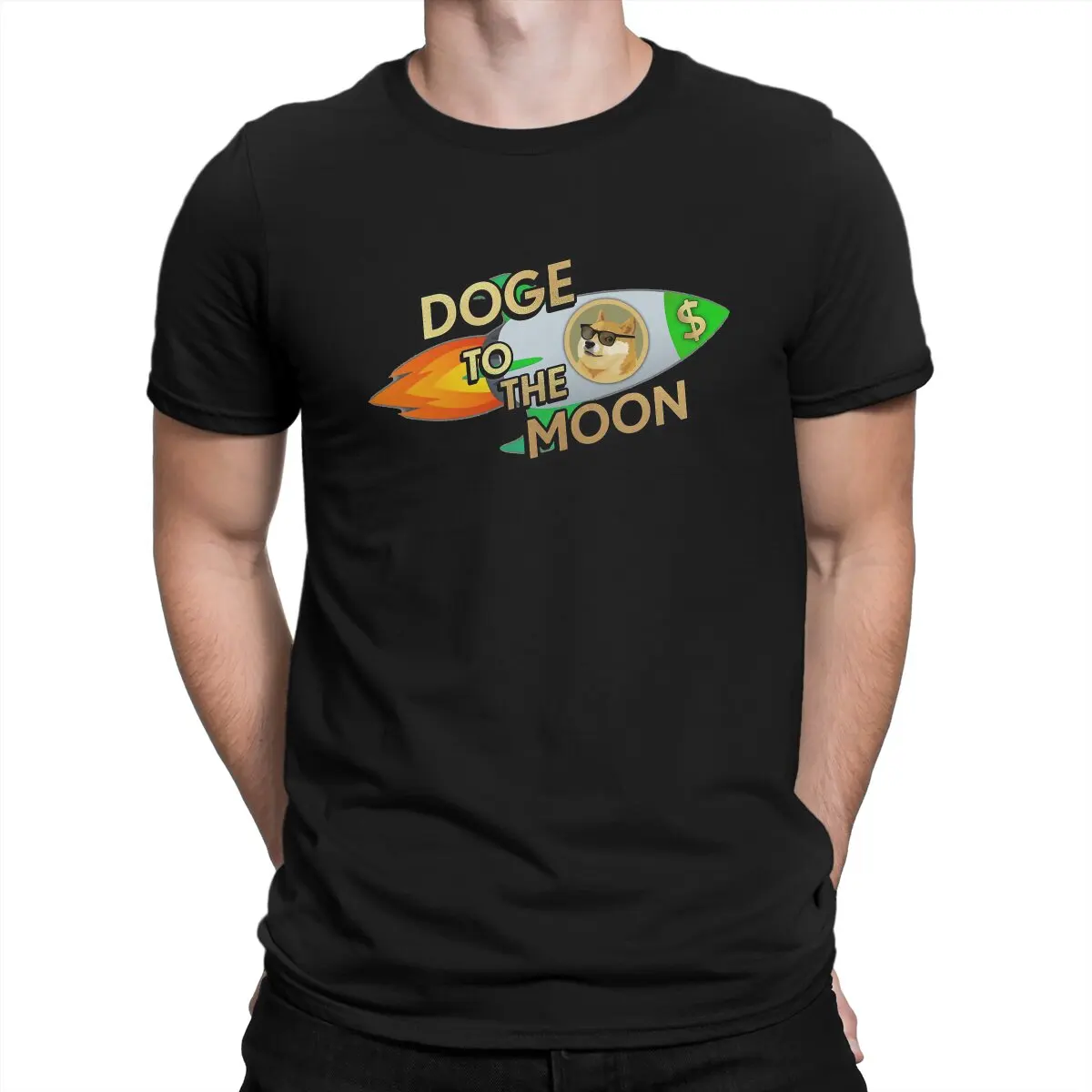 Casual DOGE TO THE MOON Essential T-Shirt for Men Round Collar Cotton T Shirt Bitcoin Cryptocurrency Art Short Sleeve Tee