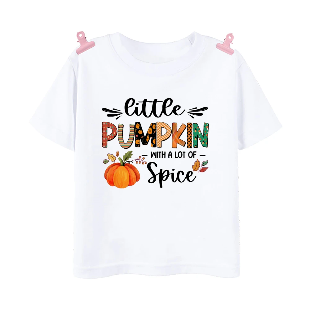 Little Pumpkin with A Lot of Spice Print T-shirt Fall Festive Shirt Kids Tops Clothes Halloween Thanksgiving Toddler Outfit Tee