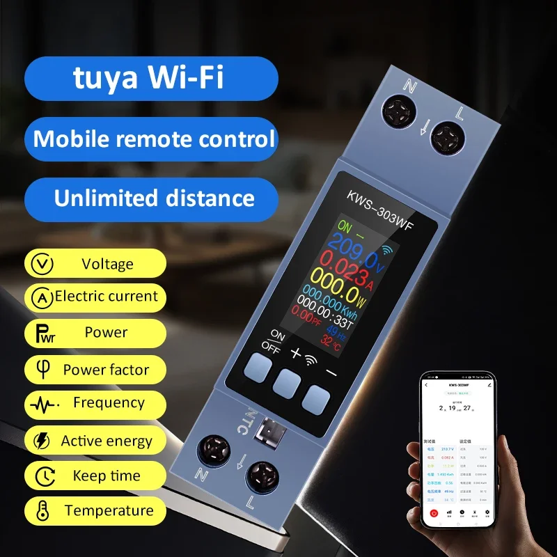 TUYA WIFI 8IN1 Din Rail AC MonitoSmart Switch Oltage Current Power Factor Active Electric energy Frequency Meter Remote Control