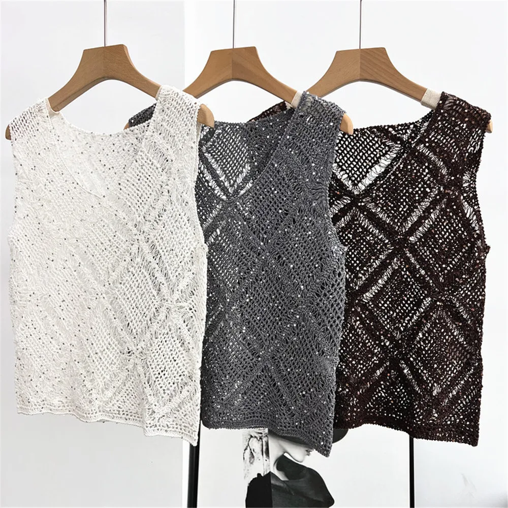 

Summer Women's V-Neck Pullover Sleeveless Hollow Sequin Linen Knitted Vest