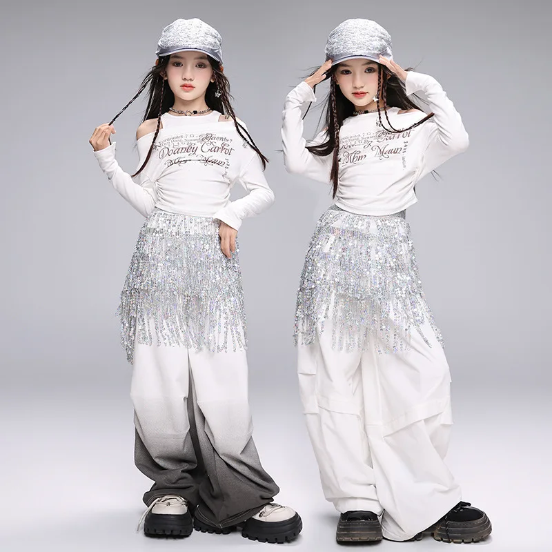 

Kid Hip Hop Clothing White Cold Shoulder Long Sleeve T Shirt Crop Top Casual Ruched Pants for Girl Jazz Dance Costumes Clothes