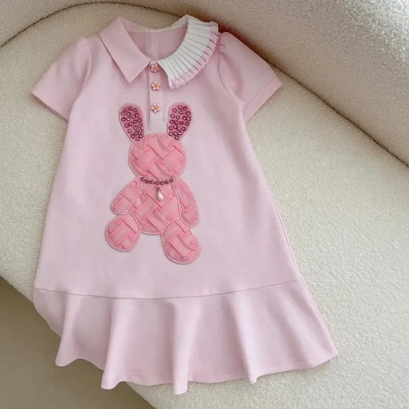 

Pink Polo Neck Princess Dress Korean Version Casual Rabbit Dress Girls Baby Dress SummerClothing New Children's
