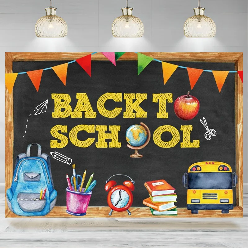 Funnytree Back to School Photography Backdrop Blackboard Kids Party Banner School Bus Pencil Chalkboard Learning Backgrond