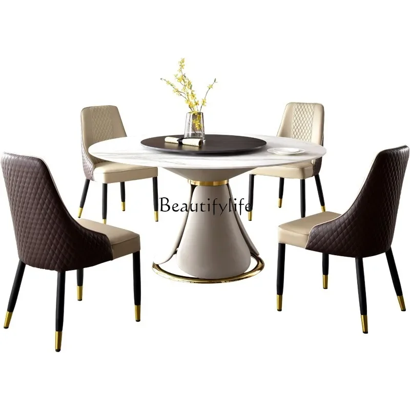 

Italian light luxury rock slab dining table round table turntable modern simple and high-end