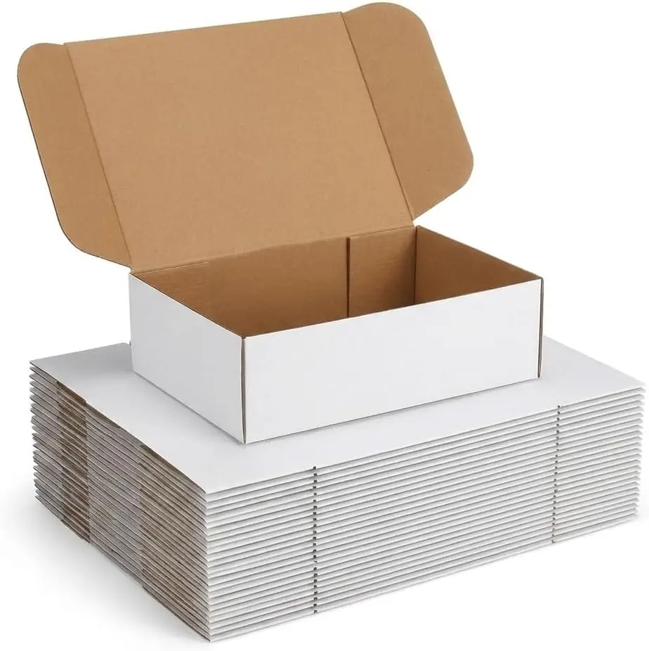 

12x9x3 White Corrugated Mailer Boxes, 25 Pack Quick Fold Cardboard Shipping Boxes with Round Seal Stickers