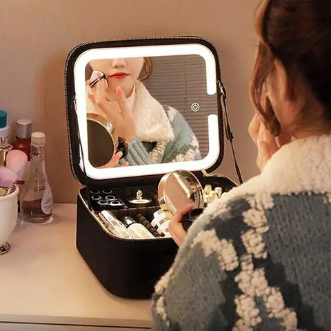 Smart 3 Color LED Travel Train Cosmetic Case Light And Mirror Makeup Bag Female Beautician Skincare Makeup Case For Women
