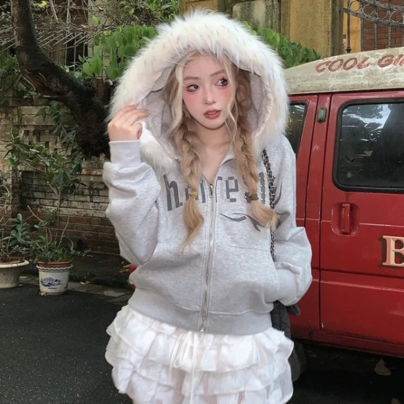 

Новый эстетический дизайн, куртка на молнии из искусственного меха, толстовки с капюшоном, женские винтажные пальто Y2k с тонкой талией, Harajuku, повседневная модная толстовка