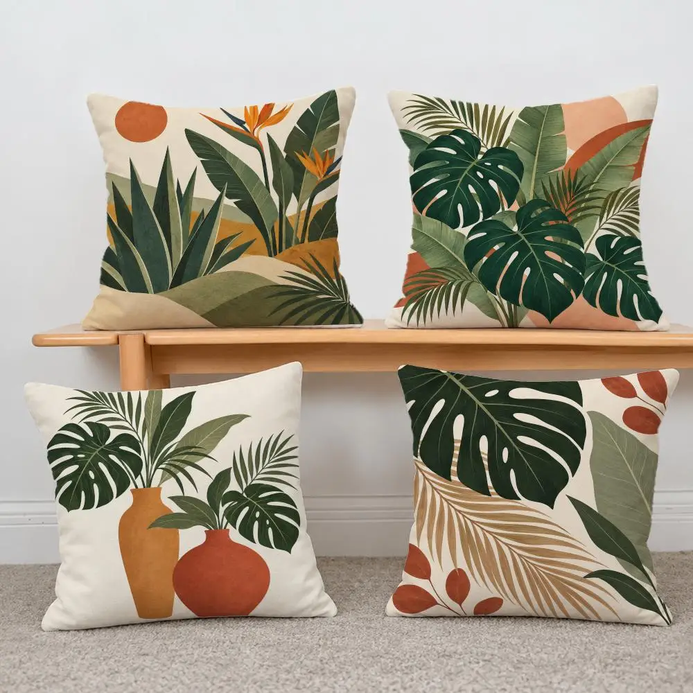 fresh Green Plant Sofa Cushion Cushion Cover Short Plush Pillowcase, Sofa Bedroom Home Decor & Holiday Gift