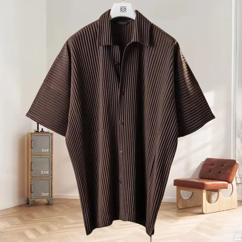 Miyake Pleated Short-sleeved Shirt F Side Fork Fold Casual Men's 2025 Spring Autumn Summer New Cardigan Pleat Loose Jacket