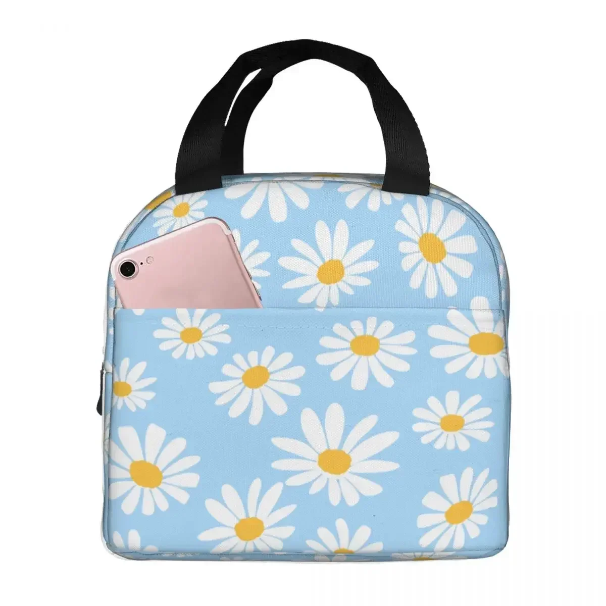 Daisy Flower Blue Lunch Bag Portable Insulated Canvas Cooler Thermal Cold Food Picnic Work Tote for Women Children