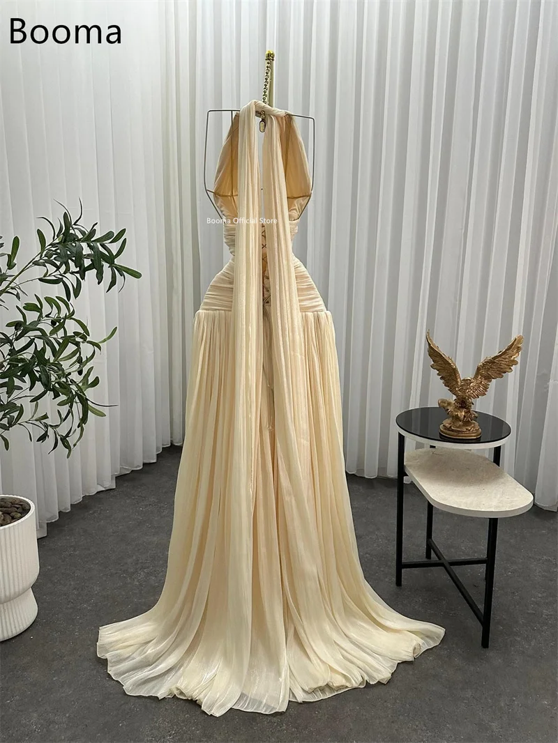 Booma a-line مطوي على شكل حرف v لامعة للنساء للحفلات الراقصة فساتين رسمية للنساء بدون أكمام فستان سهرة أنيق مخصص 2025