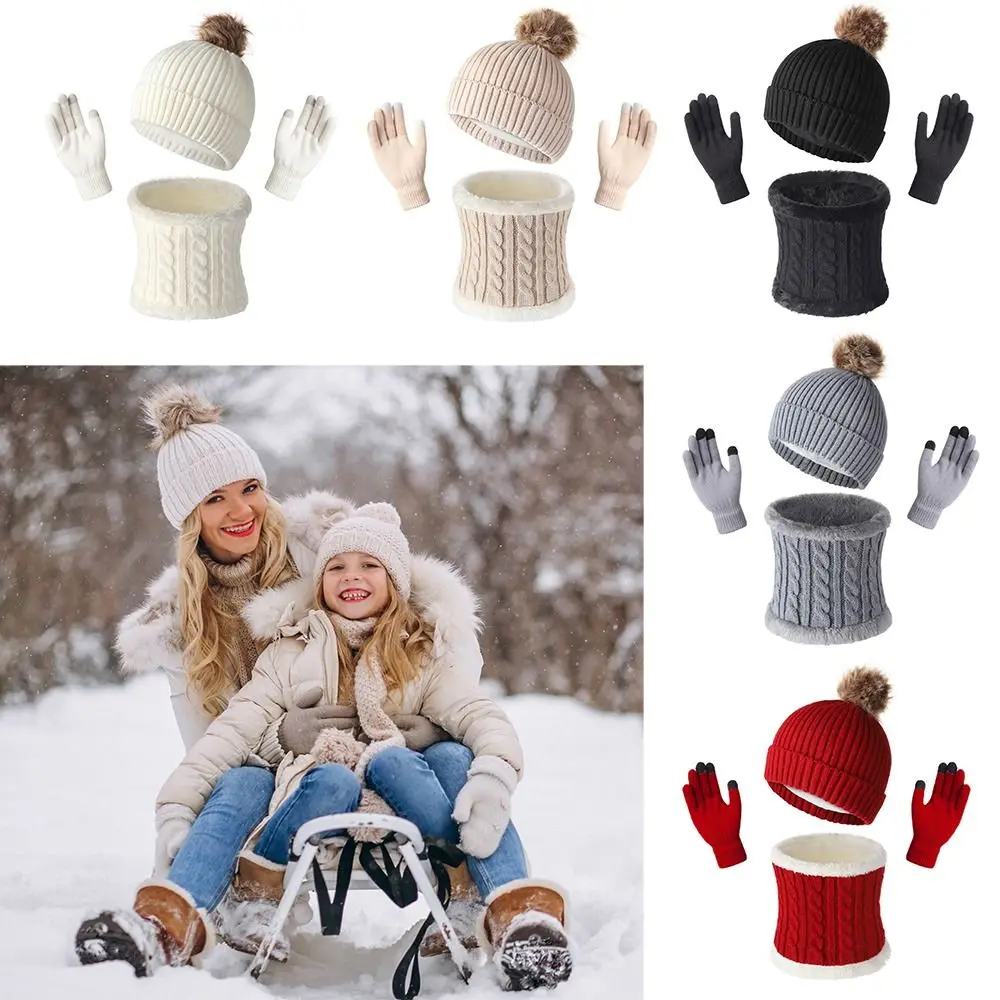 3pcs/set Soft Big Hair Ball Winter Knitted Hat Keep Warm Thicken Winter Hat Set Solid Color Warm Pullover Hat Women