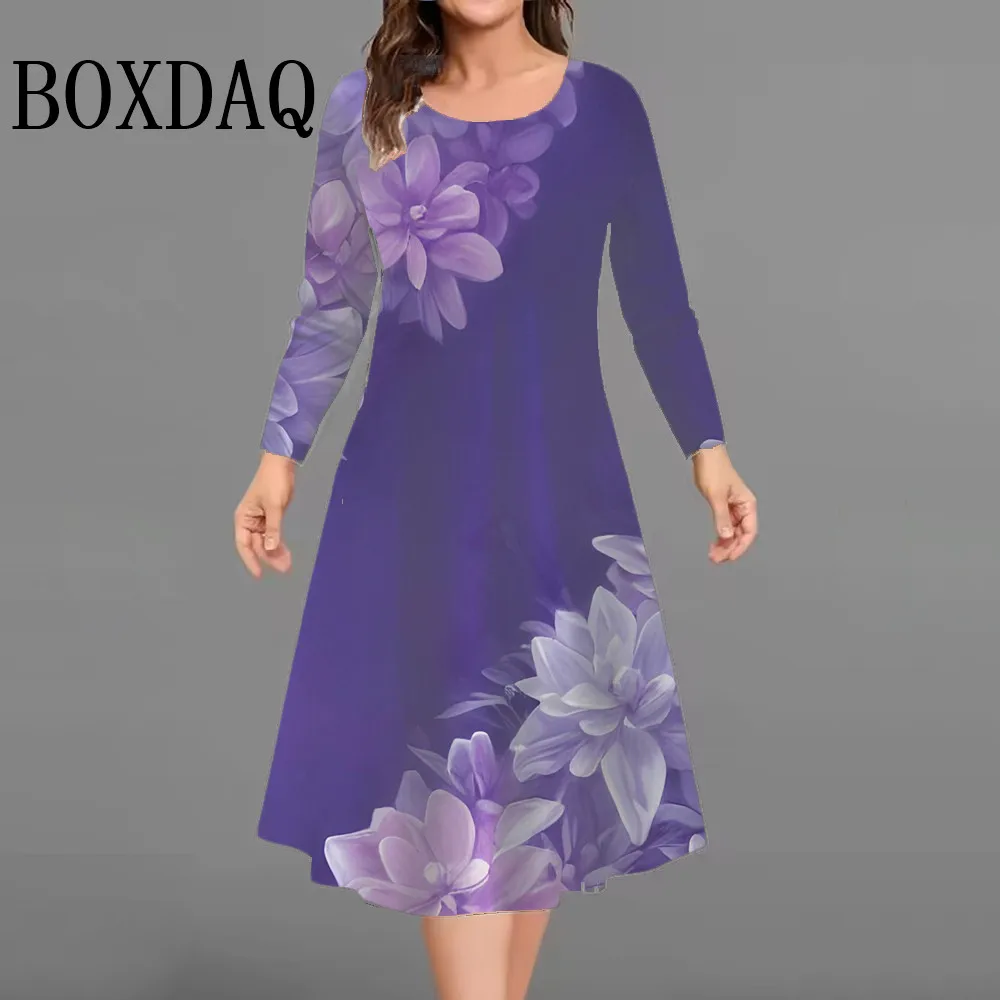 Flowers 3D Print Dresses For Women 2025 Autumn Winter Clothing Plus Size Long Sleeve Dress Casual Retro O-Neck Loose Mini Dress