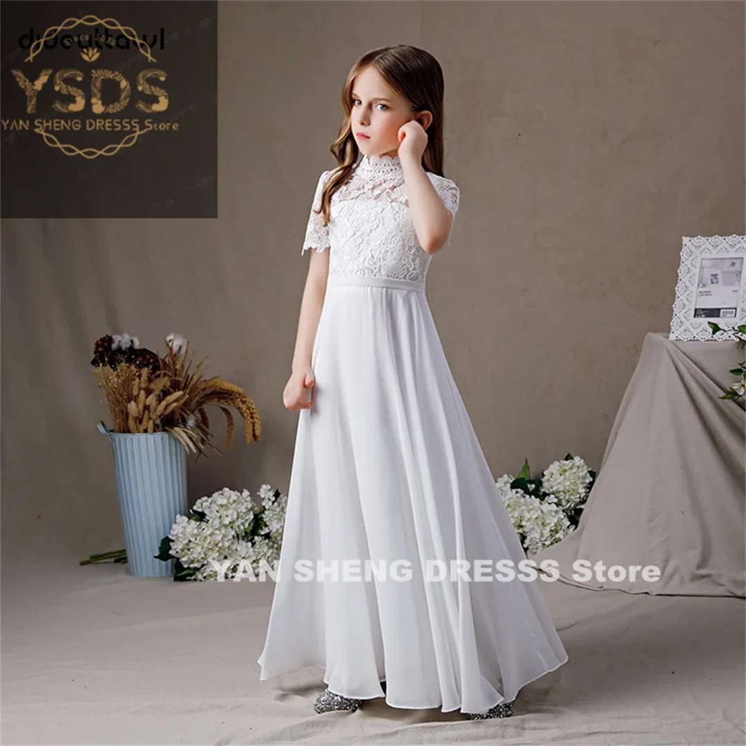 

White High Neck Chiffon First Communion Dresses 2024 Lace Short Sleeves Junior Bridesmaid Gown Concert Birthday Party