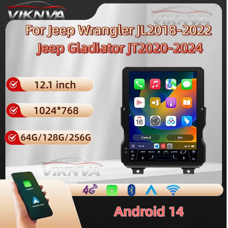 

12,1 ''Android14 Carplay с вертикальным экраном, автомобильный радиоприемник, GPS Navi, мультимедийный плеер, стерео для Jeep Wrangler JL GladiatorJT 2018-2022