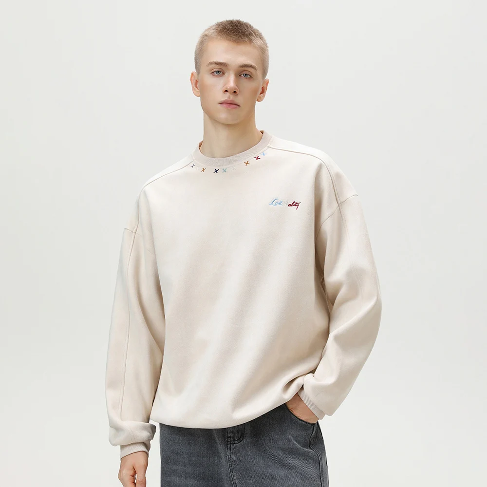 

TFETTERS 2025 Men Fashion Faux Suede Sweatshirts Men Retro Style Embroidery O Neck Sports Loose Pullover Sweaters Man Tops