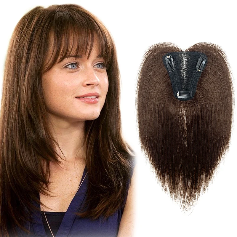 25cm 9X10cm Hairnet Human Hair Swiss Lace Pieces Clip in Hair Topper Extension with Bangs Black Dark Brown Top Wig Piece