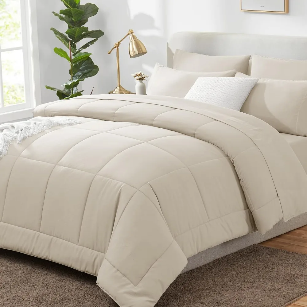 

California King Comforter Sets Beige, 7 Pieces Cal King Bed in a Bag, All Season Bedding Sets with Stitch Quilted Comforter