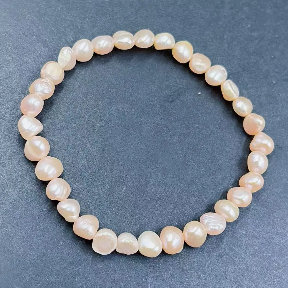 6-7mm  Women Jewelry Pink Potato Shape Beads Baroque Natural Freshwater Pearl Elastic Stretchable Bracelet