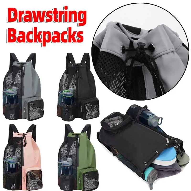 

Sports Carrying Bag Drawstring Beach Storage Backpack with Wet Pockets Thickened Mesh Lightweight Comfortable for Outdoor Sports