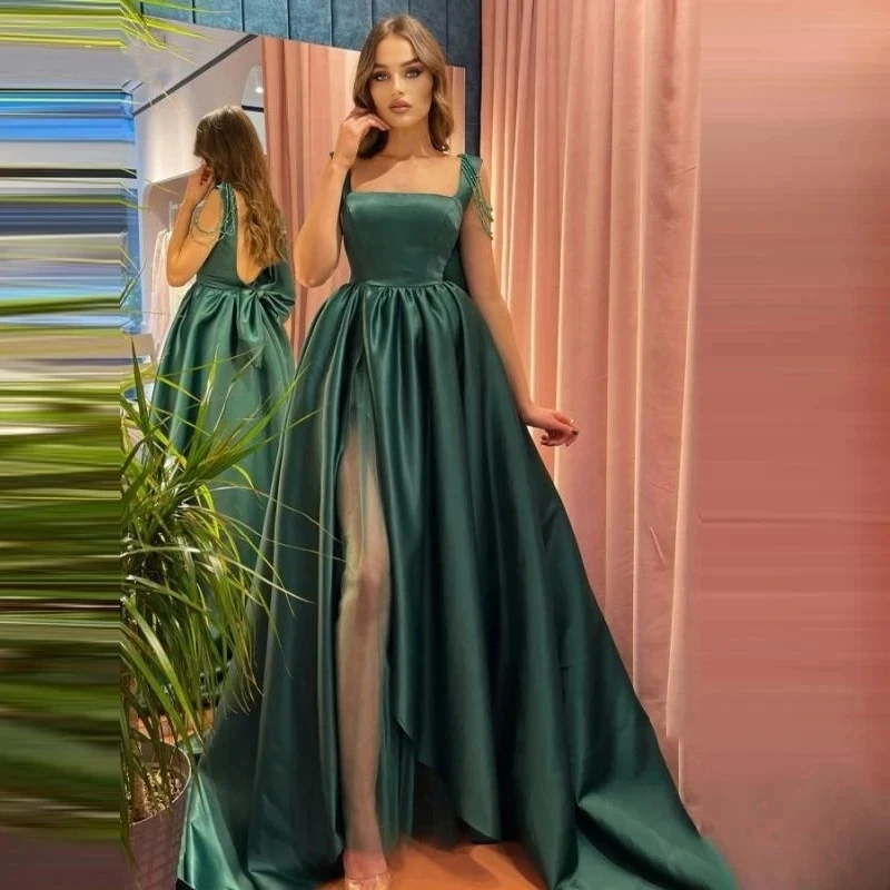 

ANGELSBRIDEP Square Neck Long Evening Party Gowns Sexy Side Slit Backless Back Bow A-Line Beaded Satin Formal Prom Dresses