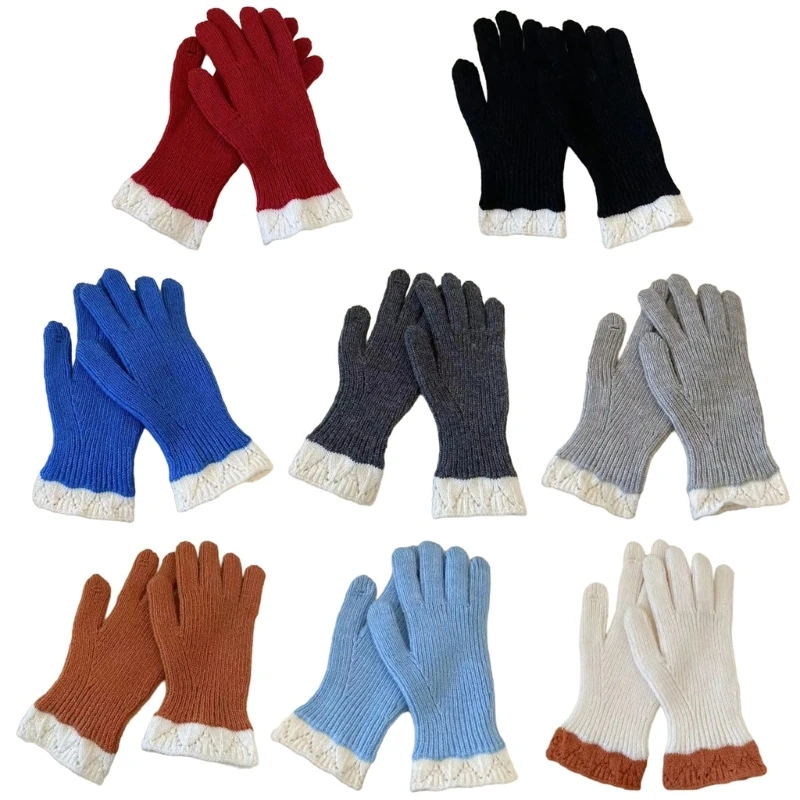 Stylish Knitted Thermal Gloves Thick Gloves Stylish Lace Thermal Theme Gloves Winter Warm Full Finger Gloves