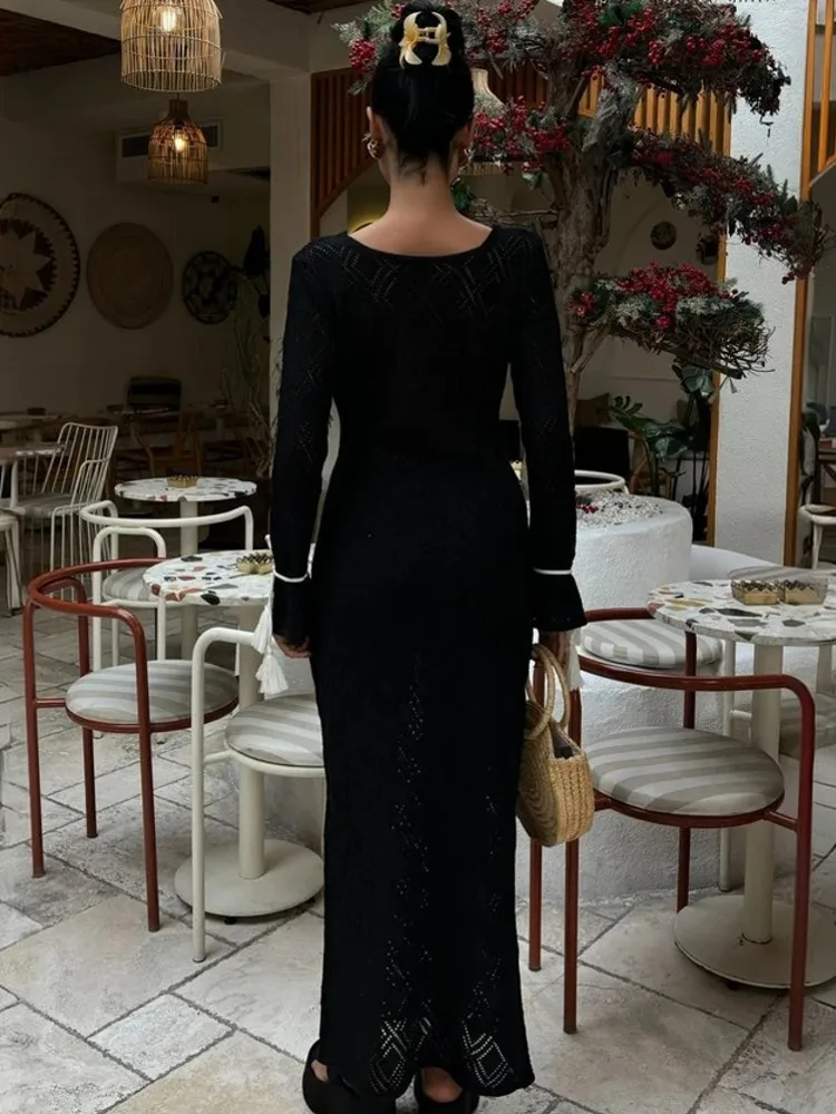 Sexy Women Long Knit Beach Dress Hollow-Out O-Neck Long Sleeve Bikini Cover-Ups Dress Fall Holiday Dress 2026 Summer Cover Up