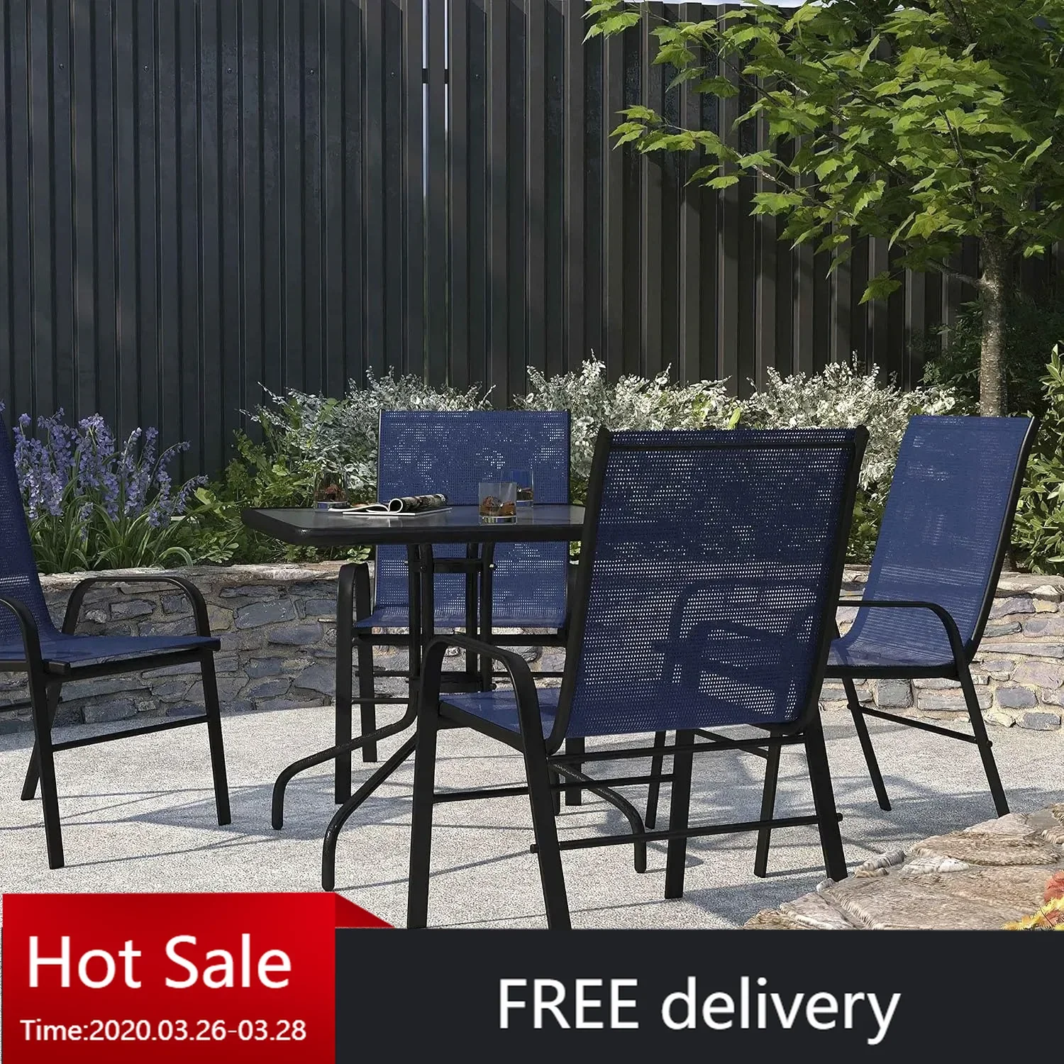 Set of 4 Manado Series Patio Chairs - Navy Flex Comfort Material - Powder Coated Metal Frame - Ships Fully Assembled