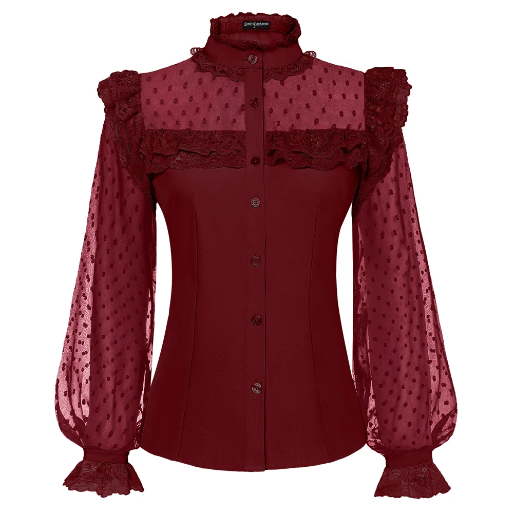 SD Women Renaissance Mesh Patchwork Shirt Long Sleeve Stand Collar Tops