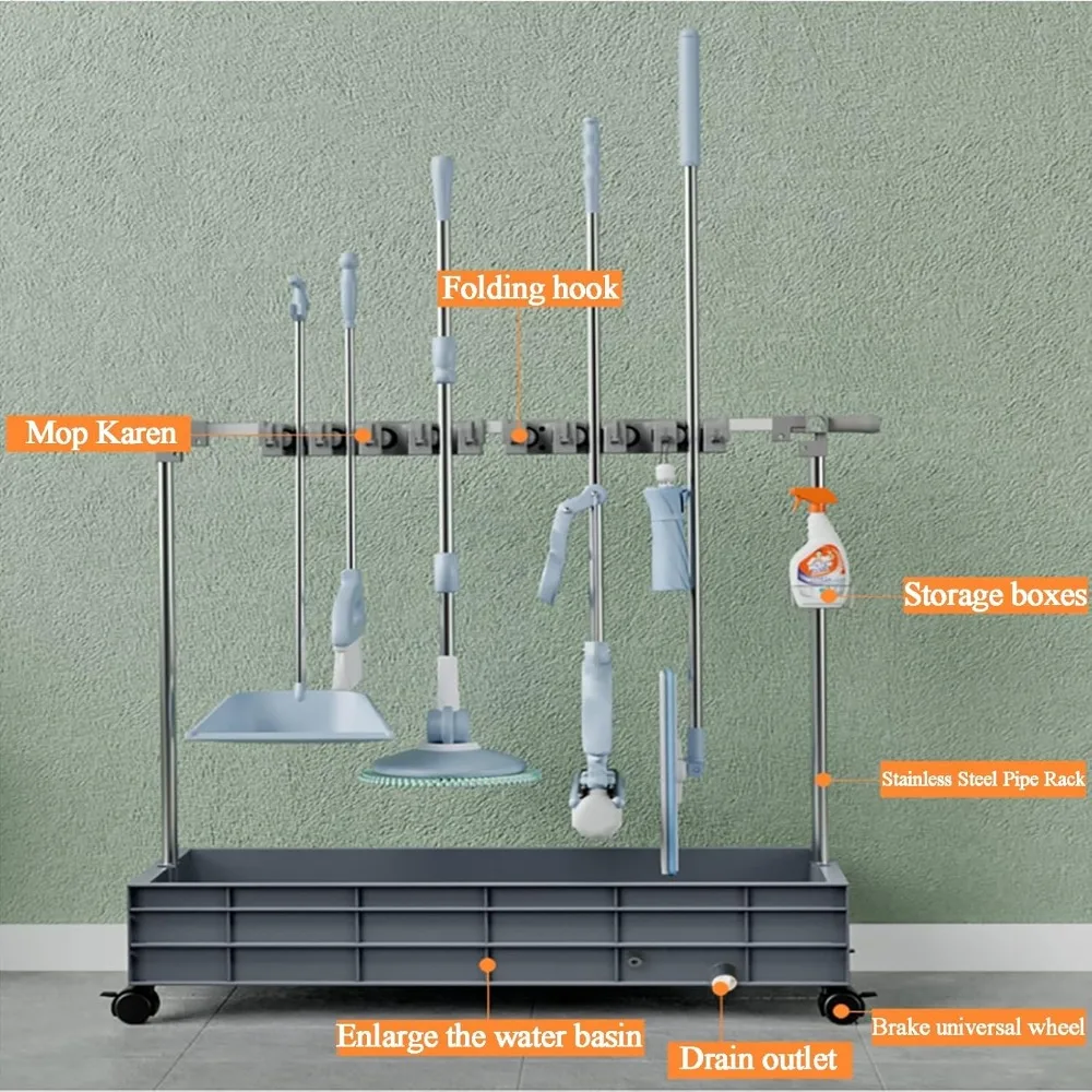 رف تخزين المكنسة والممسحة المحمول، تخزين أدوات الحديقة الخارجية، عربة أدوات التنظيف متعددة الاستخدامات، أداة تنظيف قائمة بذاتها St