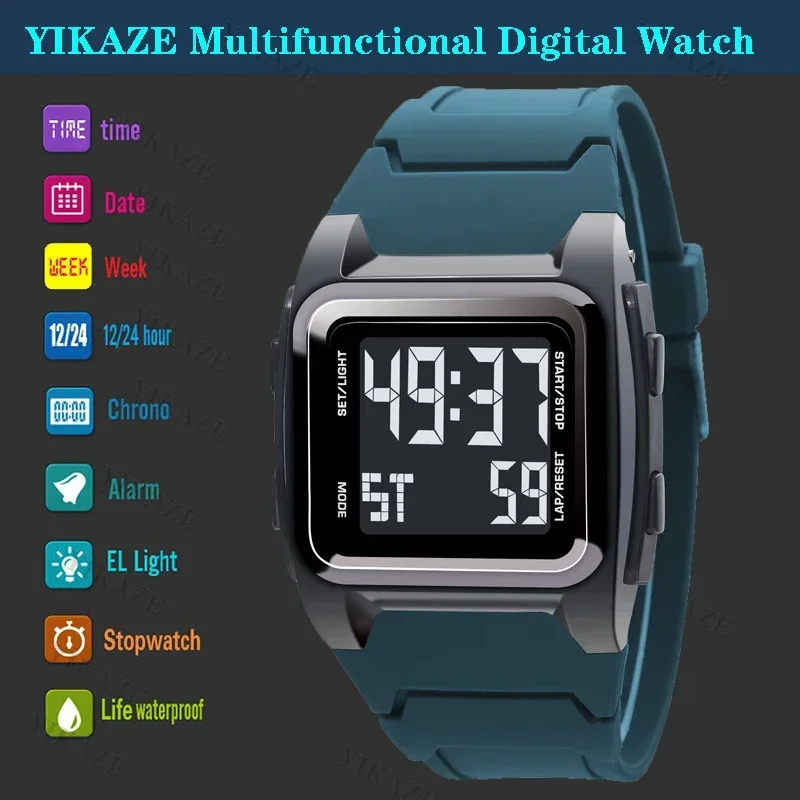 YIKAZE Men\'s Sports Watch Multifunction Outdoor Sport Watch 50M Waterproof Calendar Week LED Digital Clock Electronic Wristwatch