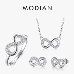 Modian 2021 Sale Solid 925 Sterling Silver Jewelry Set Clear CZ Infinite Love Ring Classic Stud Earrings Fashion Necklace Chain