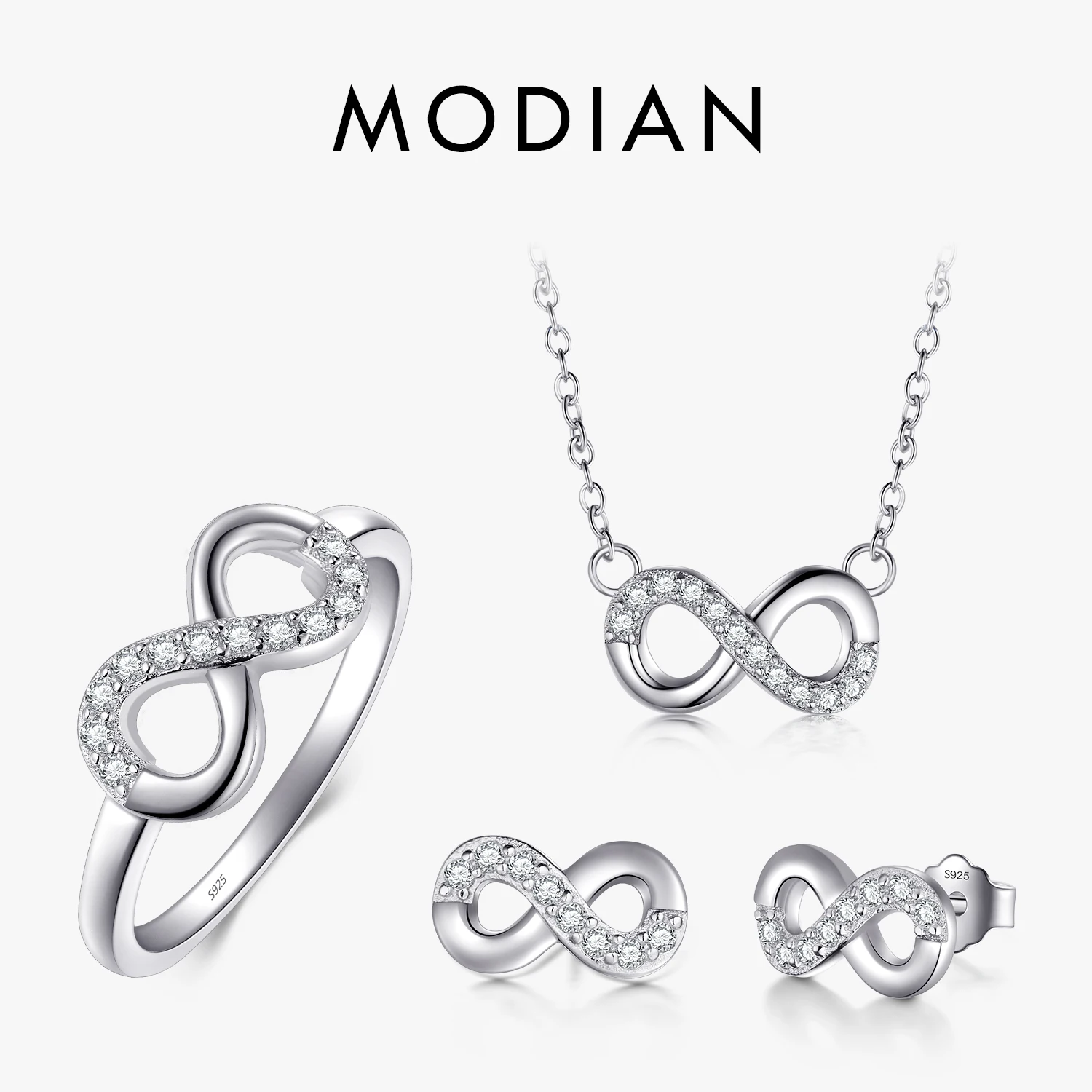 Modian 2021 sprzedaż solidna 925 Sterling srebrny zestaw biżuterii wyczyść CZ nieskończona miłość pierścień klasyczne kolczyki modny naszyjnik łańcuch