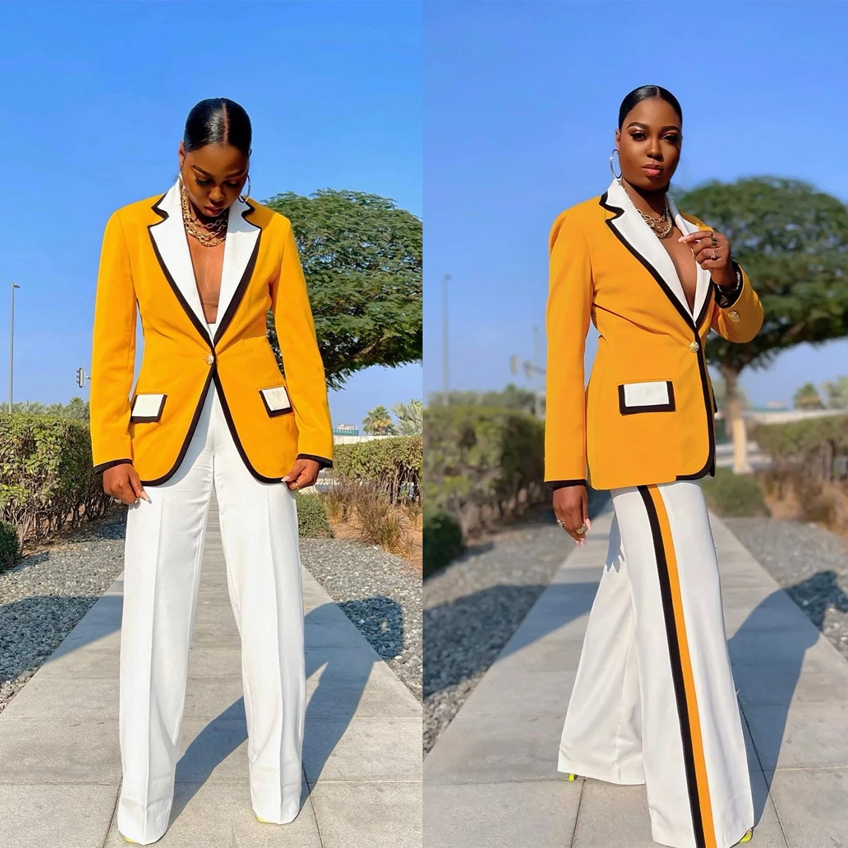 

Orange Contrasting Colors Women Blazer Sets Slim Fit Evening Party Ladies Wedding Tuxedos Party Birthday Wear 2 Pieces