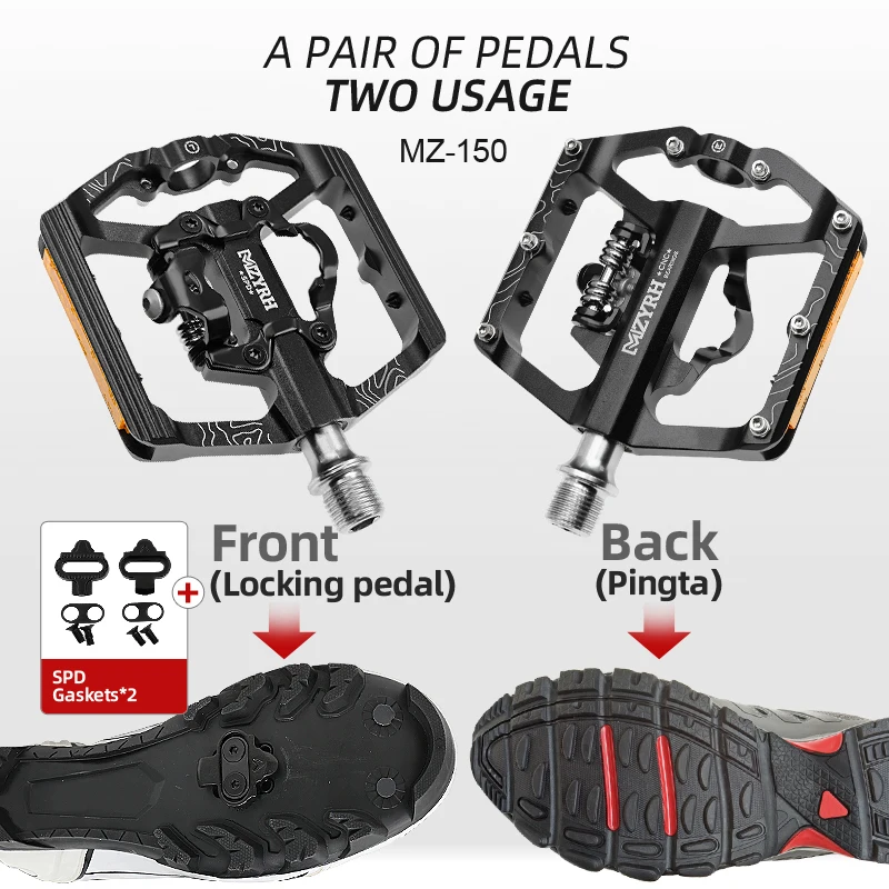 Reflective Two Usages Bicycle Pedal 2 In 1 With Free Cleat For SPD System MTB Aluminum Anti-slip Sealed Bearing Lock Accessories