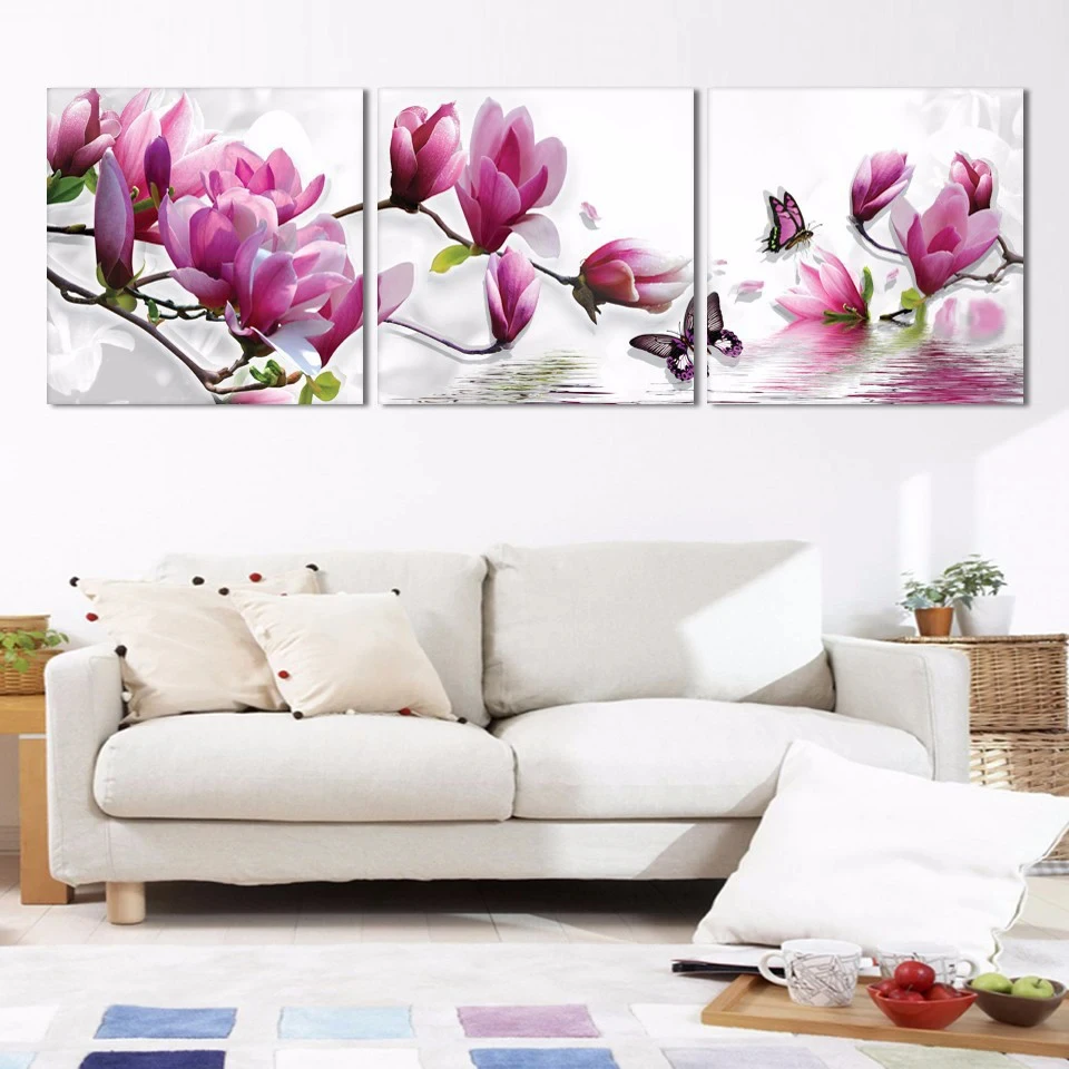 3 Panel Flowers and Butterflies Canvas Painting Spring Magnolia Purple Flower Home Wedding Decoration Art Picture No Frame