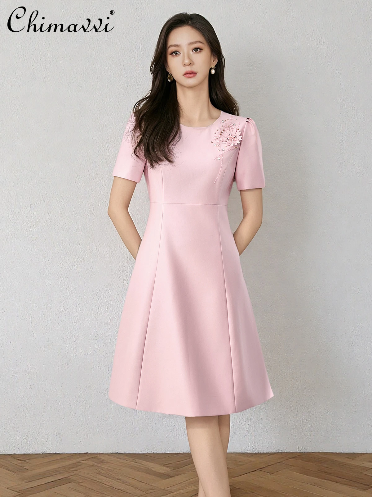 

Socialite Temperament 3D Diamond Flower Pink Party Dress French Elegant Fashion High Waist Slim A-line Short Dress Women Summer