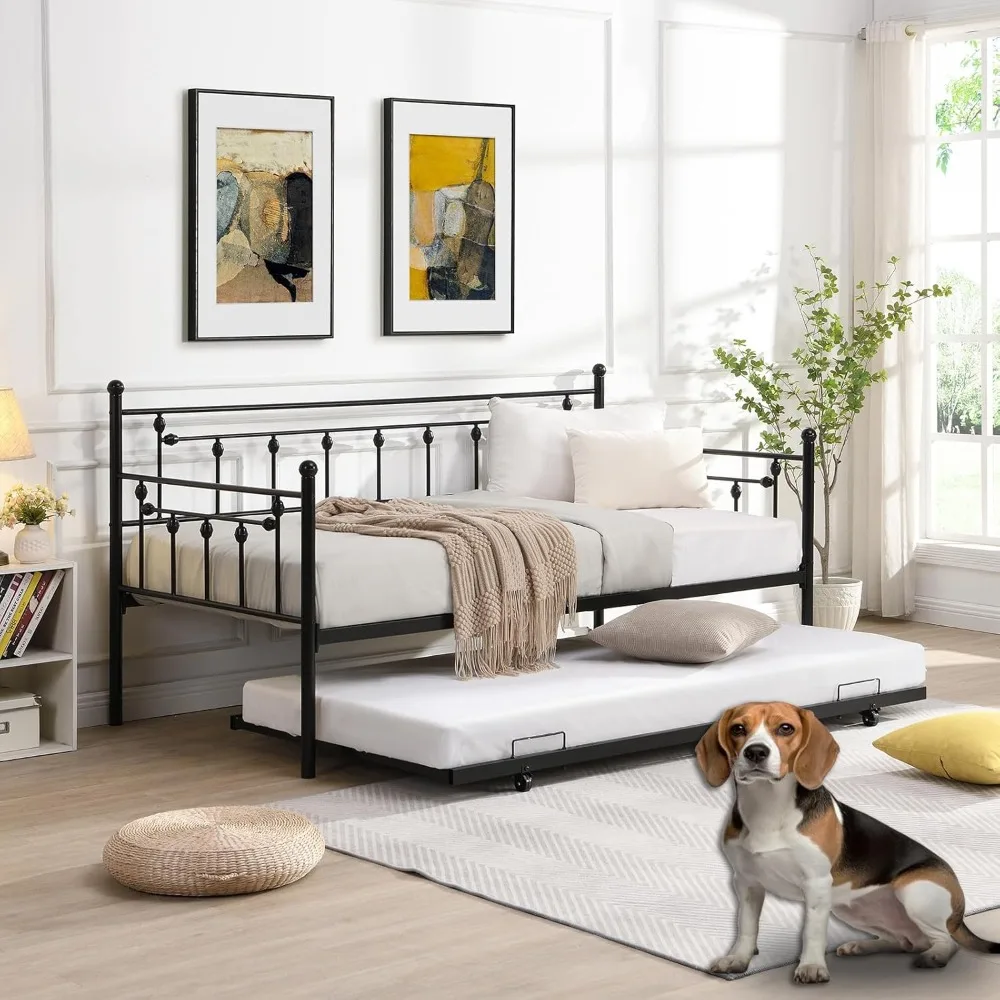 سرير نهاري مزدوج مع دولاب، سرير نهاري معدني مع لوح رأسي مغزل، إطار سرير أريكة تقليدي مع دولاب قابل للسحب، شديد التحمل #1